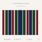 Pattern scale of the Signature Stripe tablecloth in navy, green and burgundy across its 144 cm width, with care notes