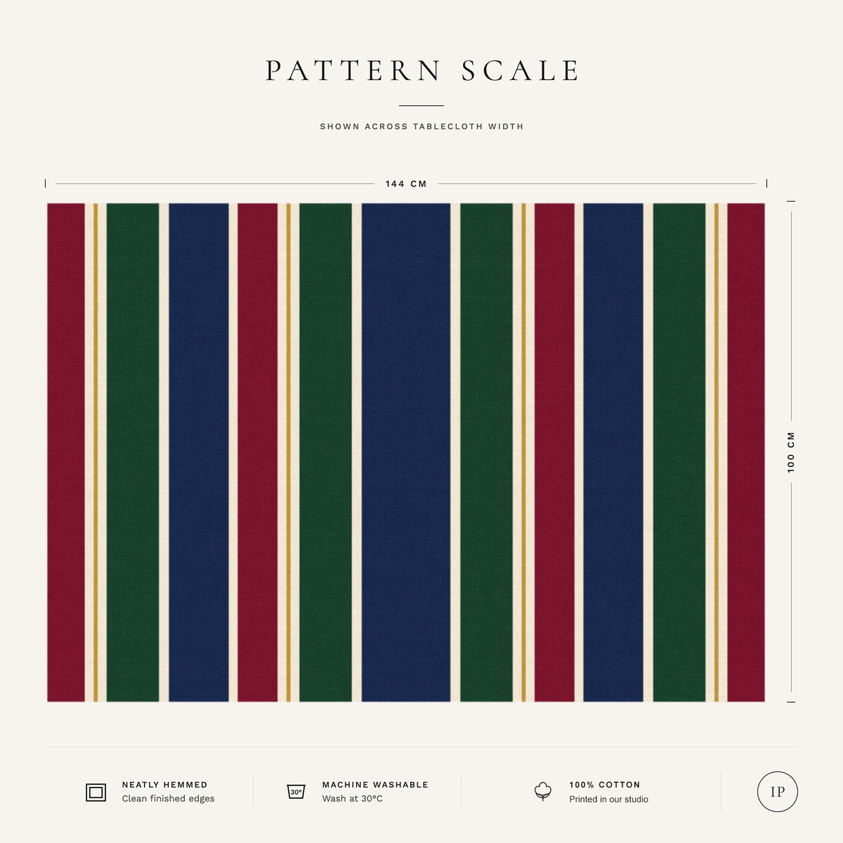 Pattern scale of the Signature Stripe tablecloth in navy, green and burgundy across its 144 cm width, with care notes
