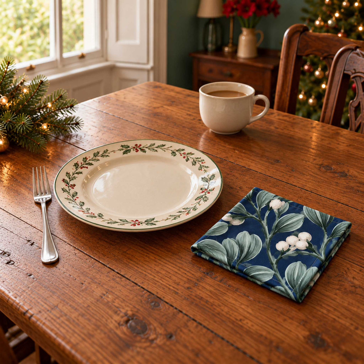 Navy Mistletoe cotton napkin in a compact square fold beside a dinner plate and coffee cup on a wooden table in daylight.