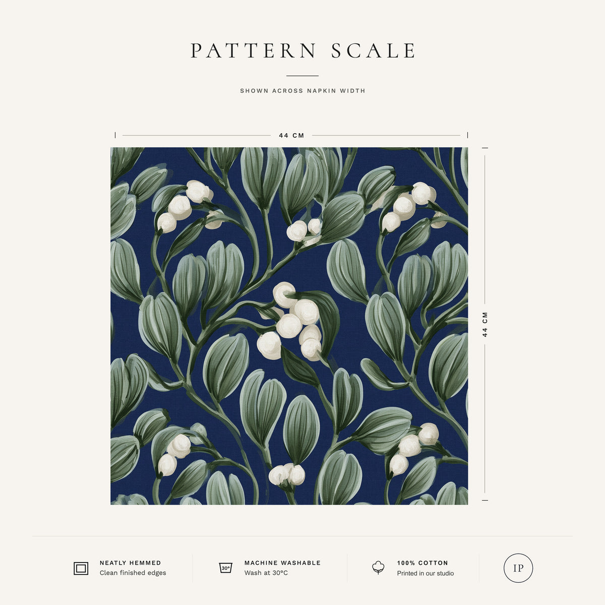 Navy Mistletoe Christmas napkin pattern scale, showing the full 44 cm by 44 cm design.