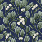 Close-up of the navy Mistletoe Christmas napkin print on cotton, showing sprigs of mistletoe with white berries