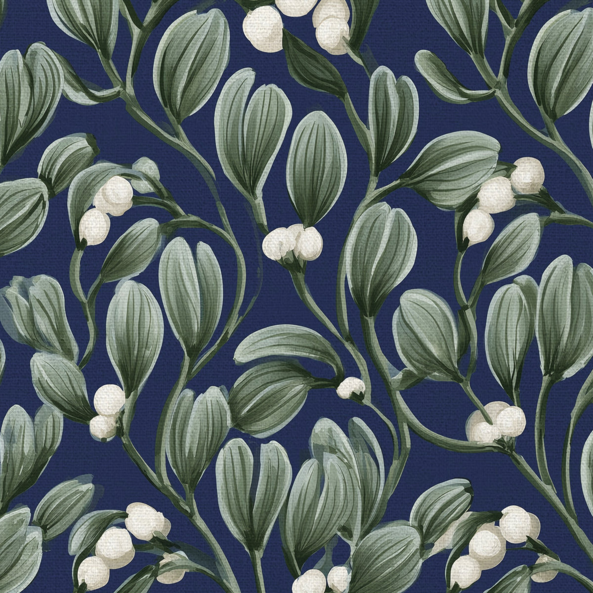 Close-up of the navy Mistletoe Christmas table runner print on cotton, showing sprigs of mistletoe with white berries