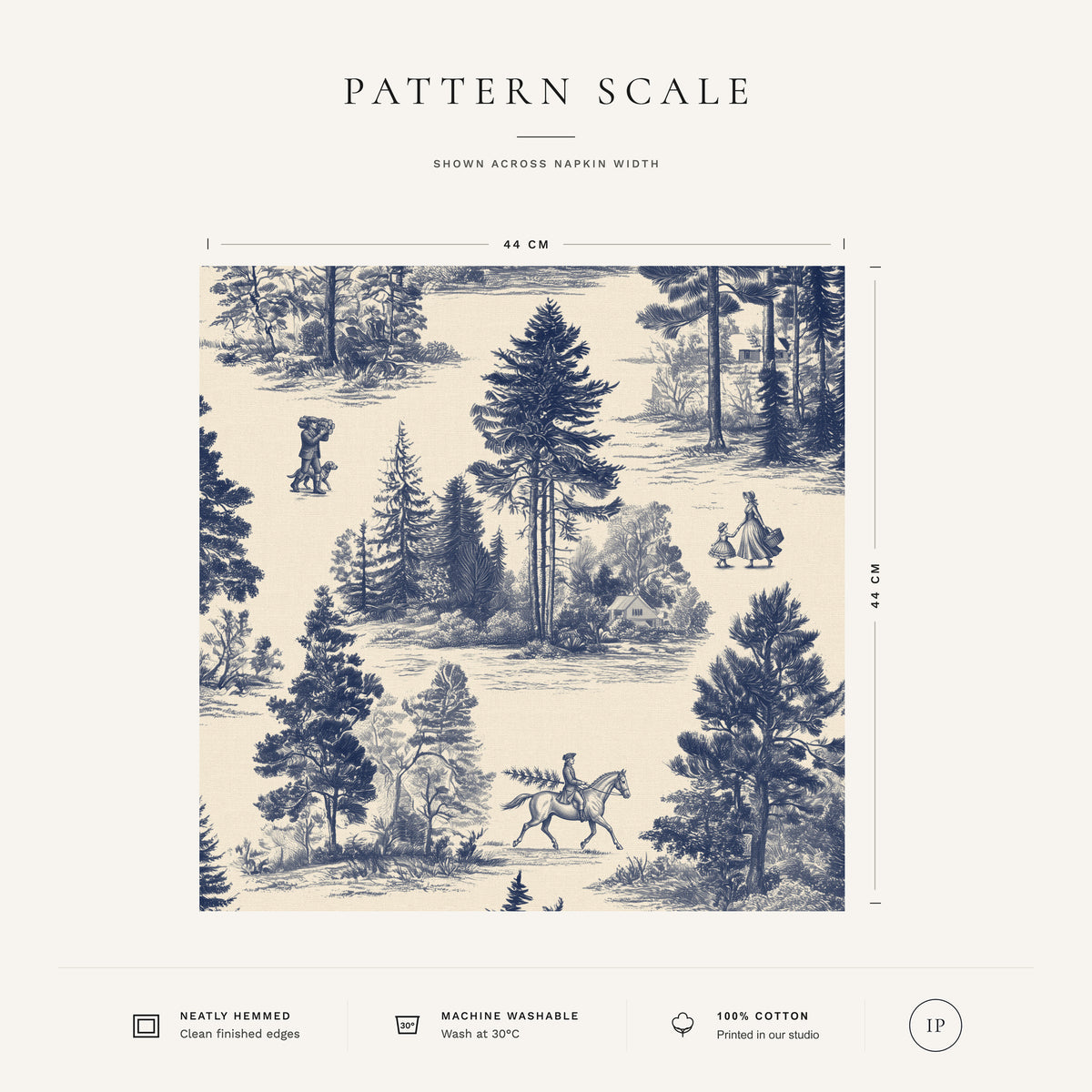 Navy on ivory Fir Forest Toile Christmas napkin pattern scale, showing the full 44 cm by 44 cm design.