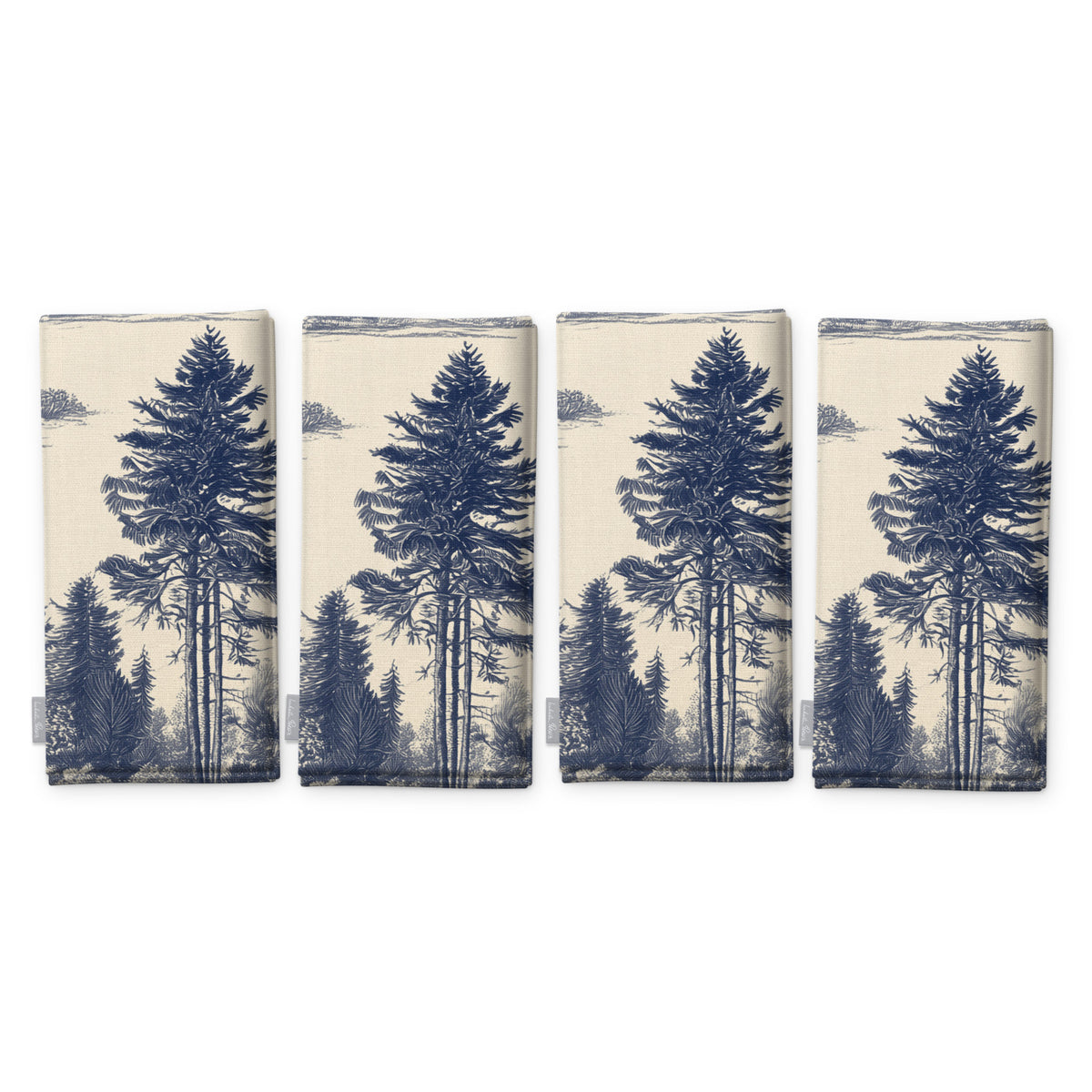 Fir Forest Toile Christmas napkins in navy on ivory, set of four folded napkins showing the same tall fir tree