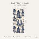 Pattern scale of the Fir Forest Toile Christmas table runner in navy on ivory across its 44 cm width, with care notes