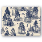 Fir Forest Toile Christmas tablecloth in navy on ivory, folded on white, showing fir trees, a rider and figures in the forest
