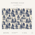 Pattern scale of the Fir Forest Toile Christmas tablecloth in navy on ivory across its 144 cm width, with care notes