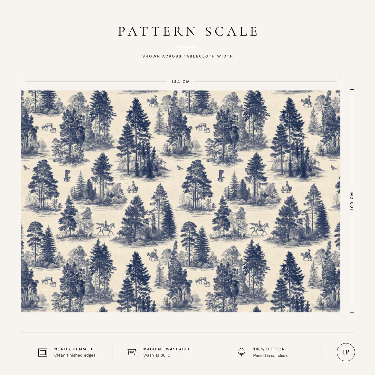 Pattern scale of the Fir Forest Toile Christmas tablecloth in navy on ivory across its 144 cm width, with care notes
