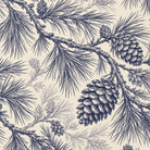 Close-up of the Pine Bough Christmas napkin print in navy on ivory cotton, showing pine boughs and cones