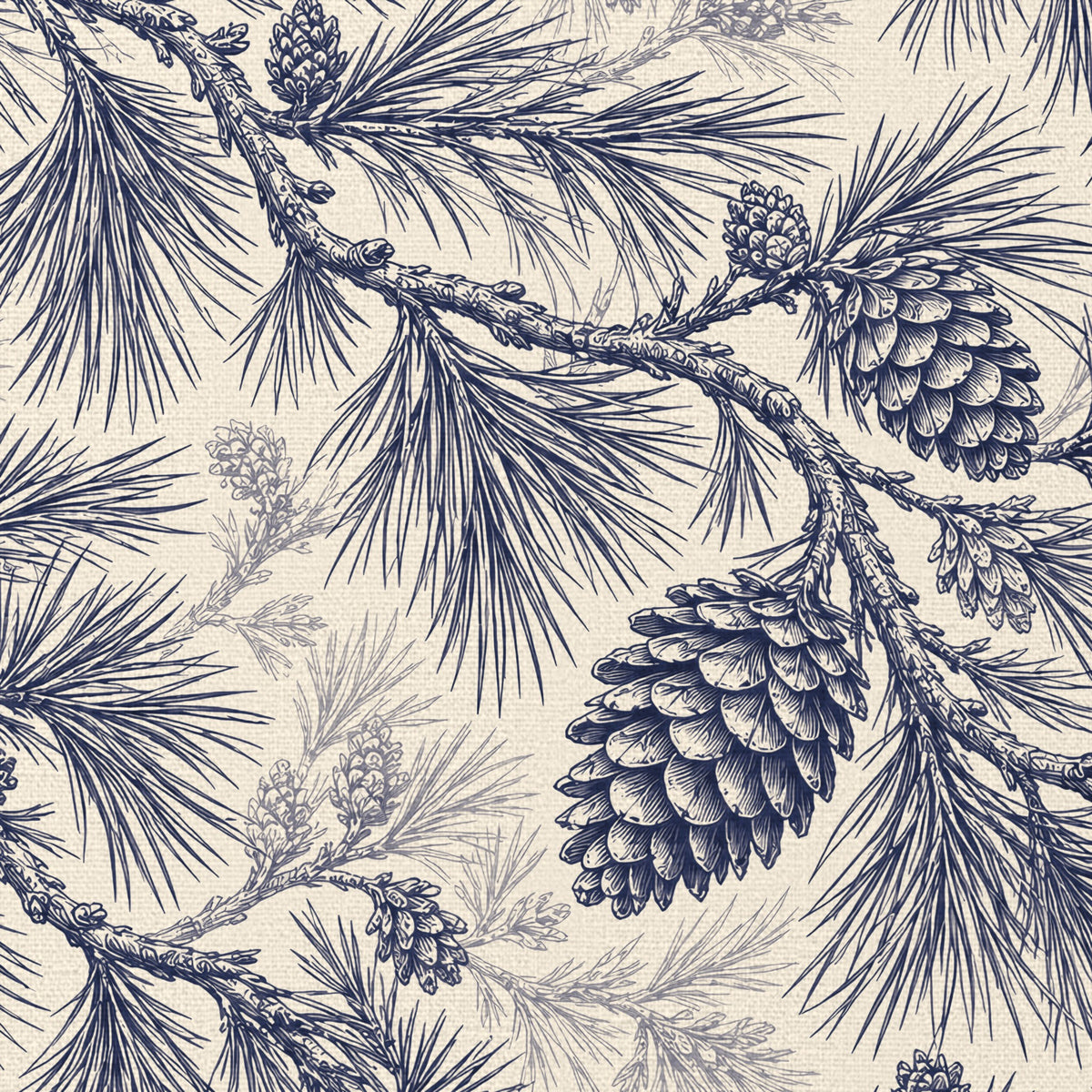 Close-up of the Pine Bough Christmas napkin print in navy on ivory cotton, showing pine boughs and cones