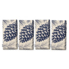 Pine Bough Christmas napkins in navy on ivory, set of four, folded on white, showing the same pine cone on a bough