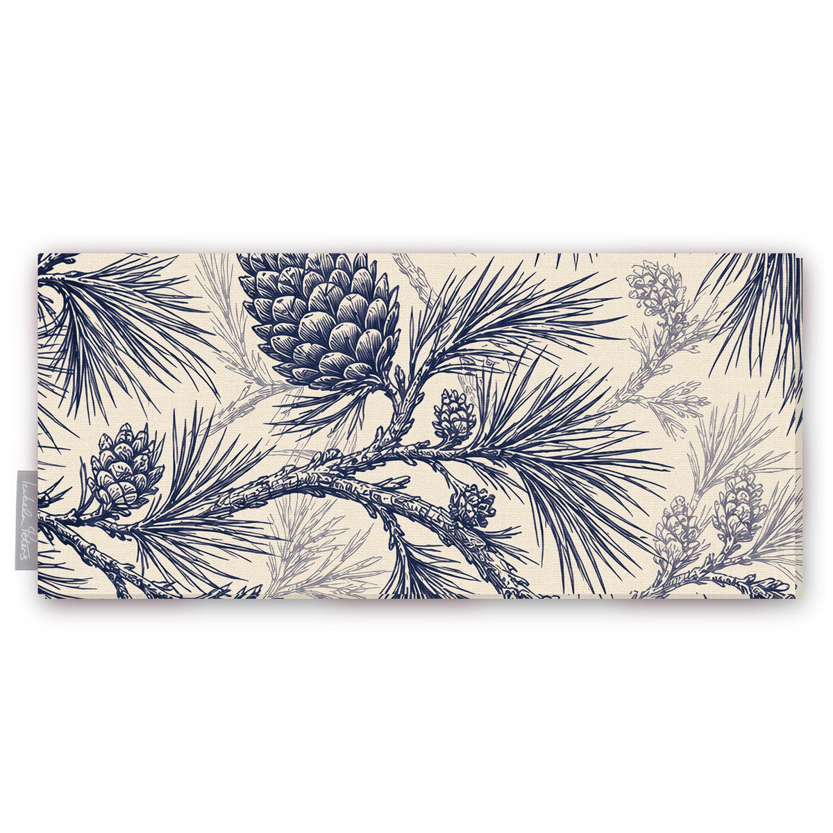 Pine Bough Christmas table runner in navy on ivory, folded on white, showing pine boughs and cones