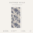 Pattern scale of the Pine Bough Christmas table runner in navy on ivory across its 44 cm width, with care notes