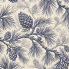 Close-up of the Pine Bough Christmas table runner print in navy on ivory cotton, showing pine boughs and cones