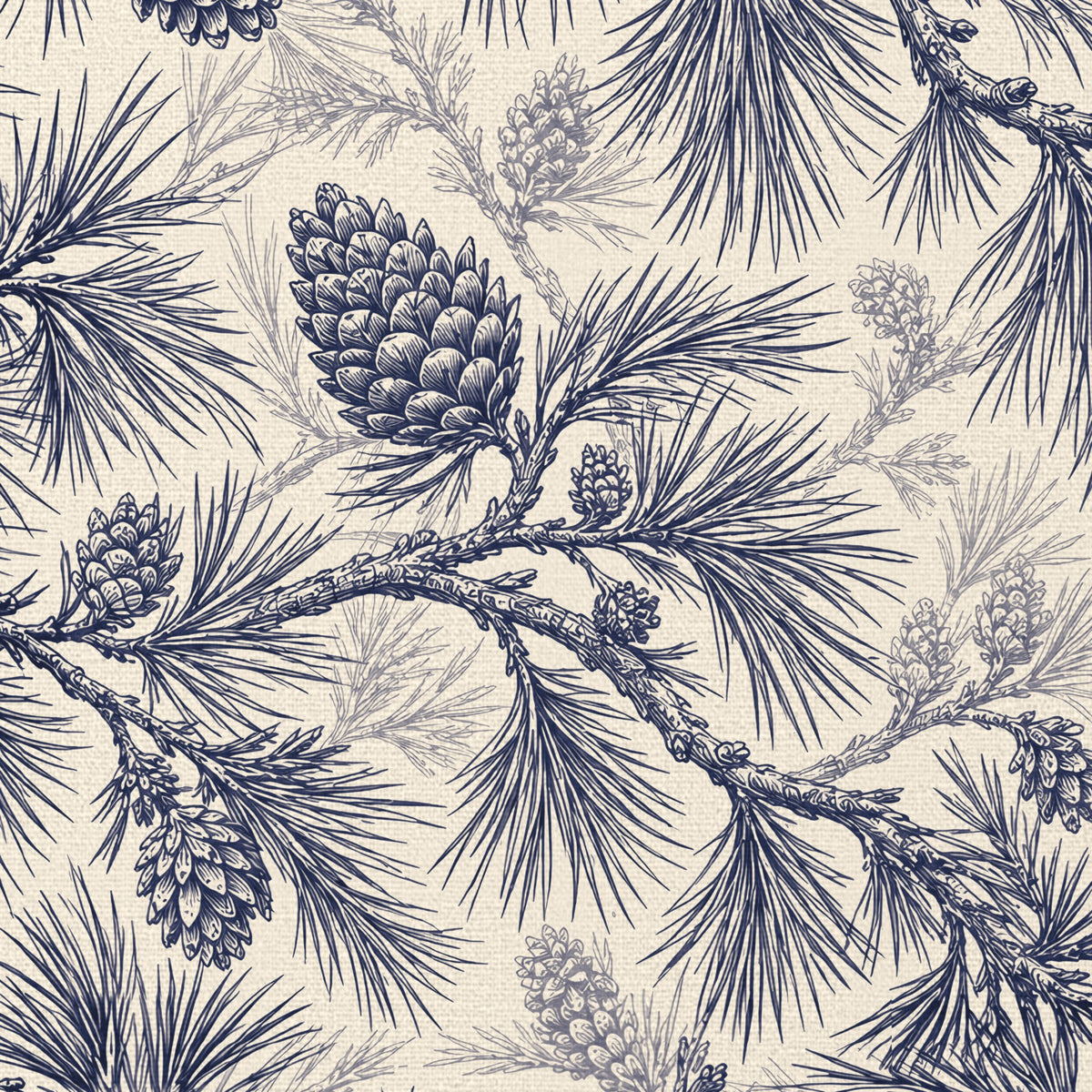 Close-up of the Pine Bough Christmas table runner print in navy on ivory cotton, showing pine boughs and cones