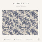 Pattern scale of the Pine Bough Christmas tablecloth in navy on ivory across its 144 cm width, with care notes