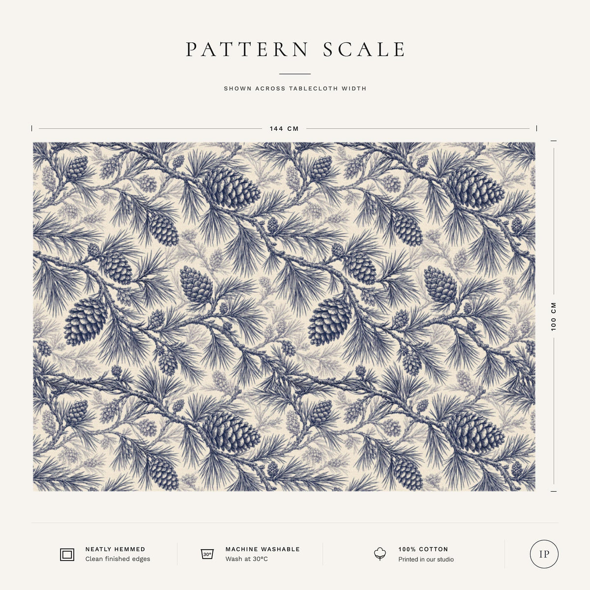 Pattern scale of the Pine Bough Christmas tablecloth in navy on ivory across its 144 cm width, with care notes