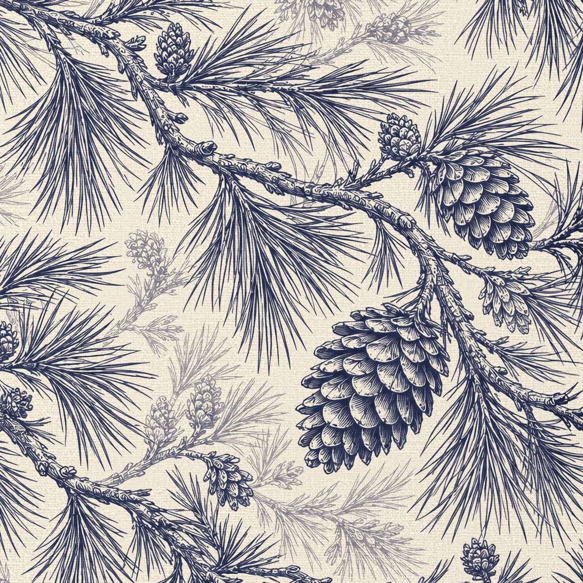 Close-up of the Pine Bough Christmas tablecloth print in navy on ivory cotton, showing pine boughs and cones