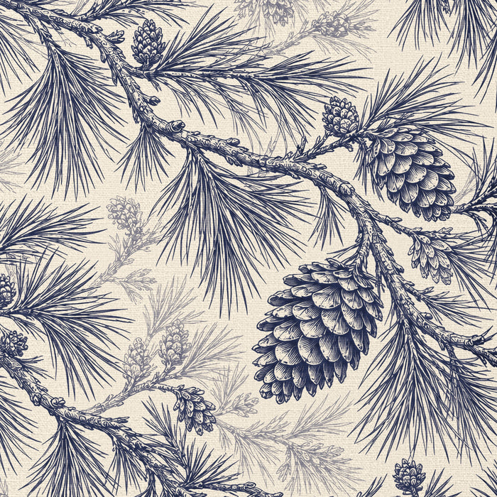 Close-up of the Pine Bough Christmas tablecloth print in navy on ivory cotton, showing pine boughs and cones
