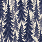 Close-up of the Spruce Stand Christmas napkin print in navy on ivory cotton, showing rows of spruce trees
