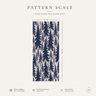 Pattern scale of the Spruce Stand Christmas table runner in navy on ivory across its 44 cm width, with care notes