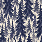 Close-up of the Spruce Stand Christmas table runner print in navy on ivory cotton, showing rows of spruce trees