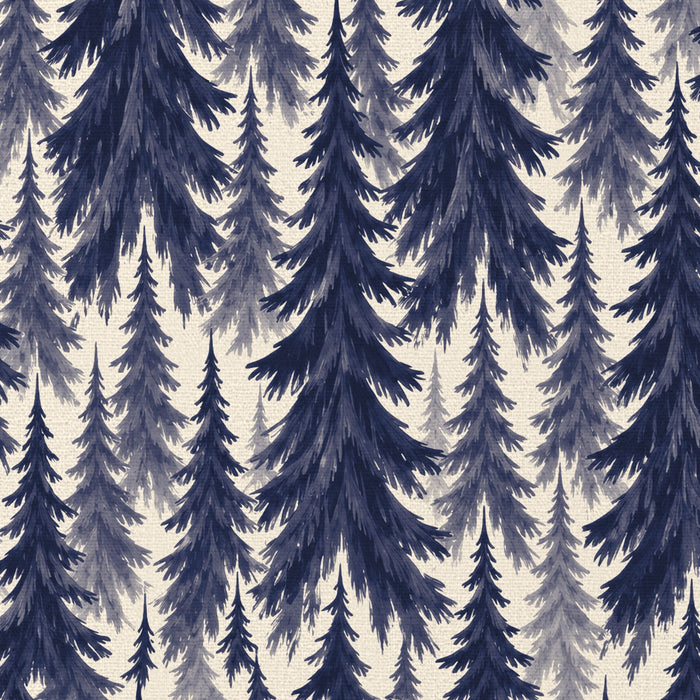 Close-up of the Spruce Stand Christmas table runner print in navy on ivory cotton, showing rows of spruce trees