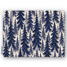 Spruce Stand Christmas tablecloth in navy on ivory, folded on white, showing rows of spruce trees