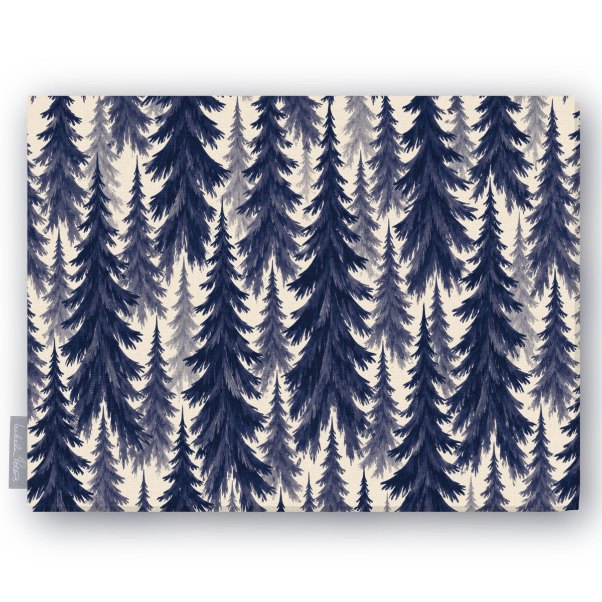 Spruce Stand Christmas tablecloth in navy on ivory, folded on white, showing rows of spruce trees