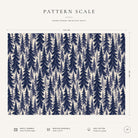 Pattern scale of the Spruce Stand Christmas tablecloth in navy on ivory across its 144 cm width, with care notes
