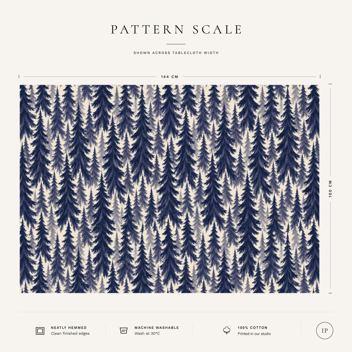 Pattern scale of the Spruce Stand Christmas tablecloth in navy on ivory across its 144 cm width, with care notes