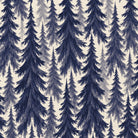 Close-up of the Spruce Stand Christmas tablecloth print in navy on ivory cotton, showing rows of spruce trees
