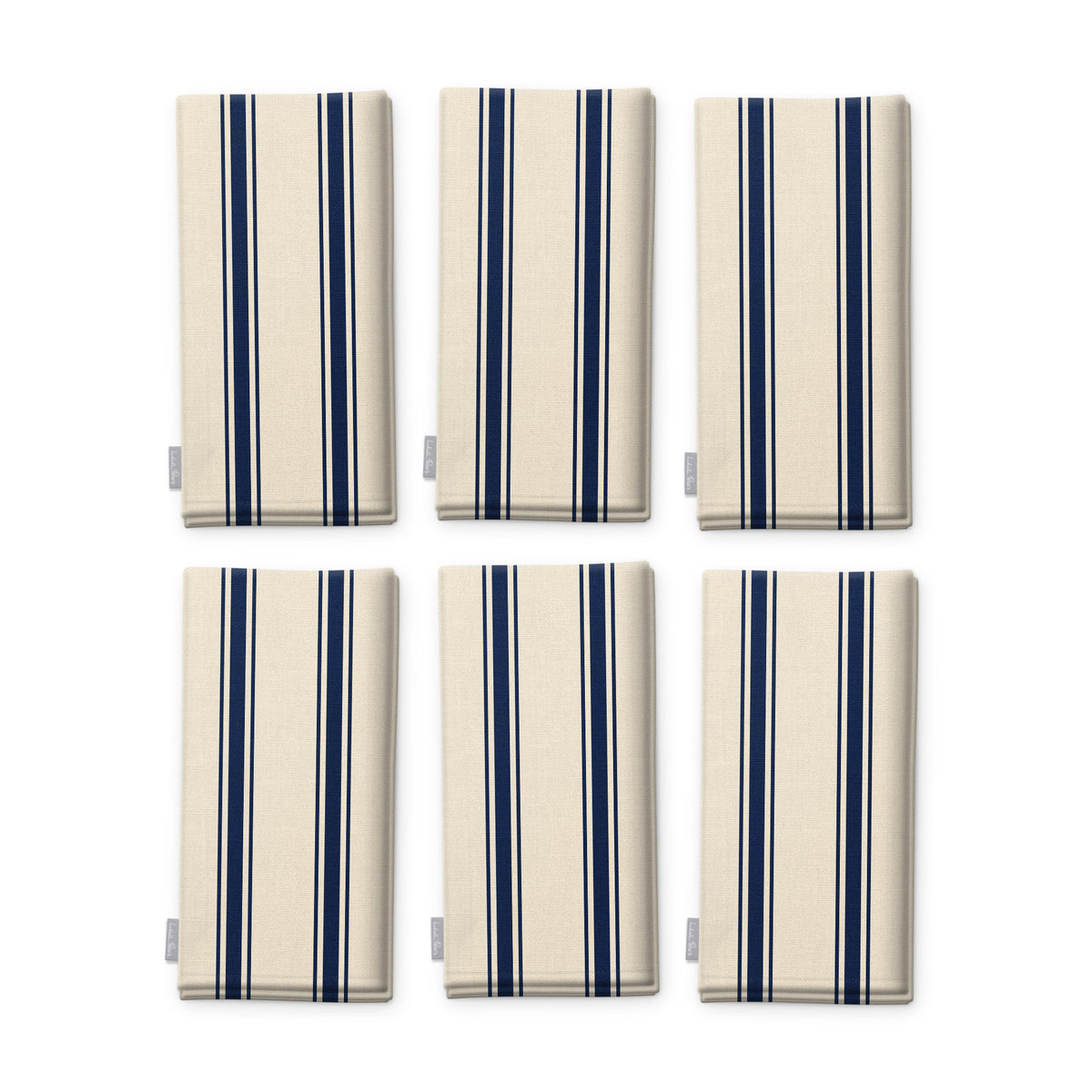 Ticking Stripe Christmas napkins in navy on ivory, set of six, folded on white, showing the same fine ticking stripes