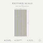 Pattern scale of the Ticking Stripe Christmas table runner in navy on ivory across its 44 cm width, with care notes
