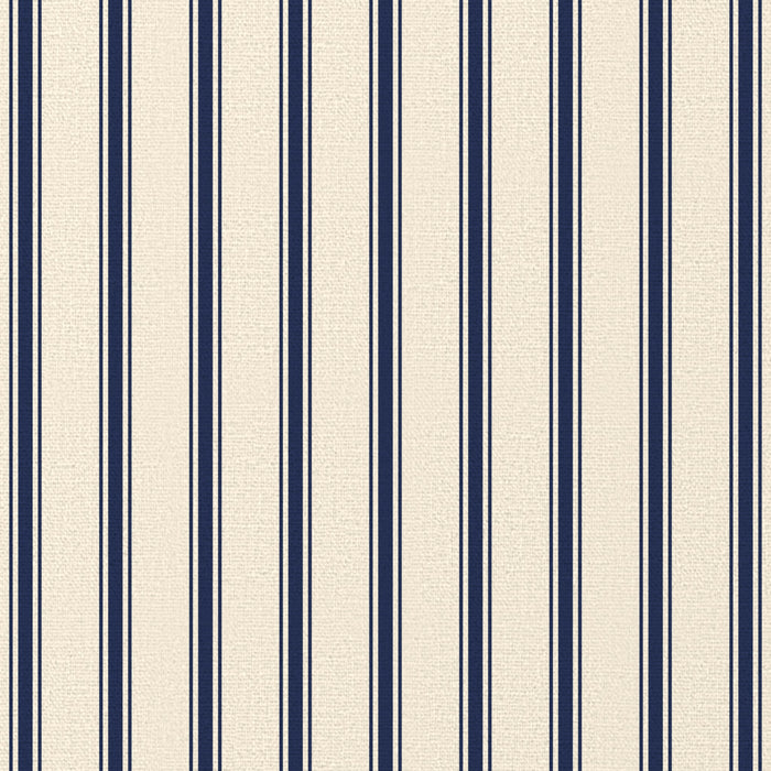 Close-up of the Ticking Stripe Christmas table runner print in navy on ivory cotton, showing fine ticking stripes