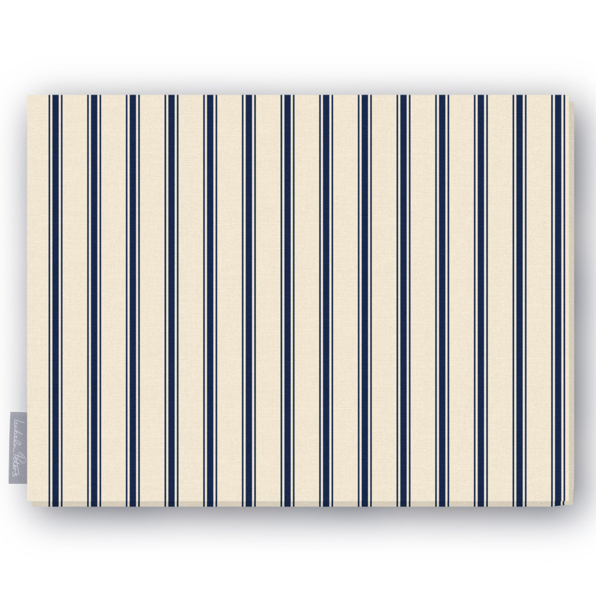 Ticking Stripe Christmas tablecloth in navy on ivory, folded on white, showing fine ticking stripes