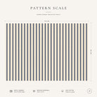 Pattern scale of the Ticking Stripe Christmas tablecloth in navy on ivory across its 144 cm width, with care notes