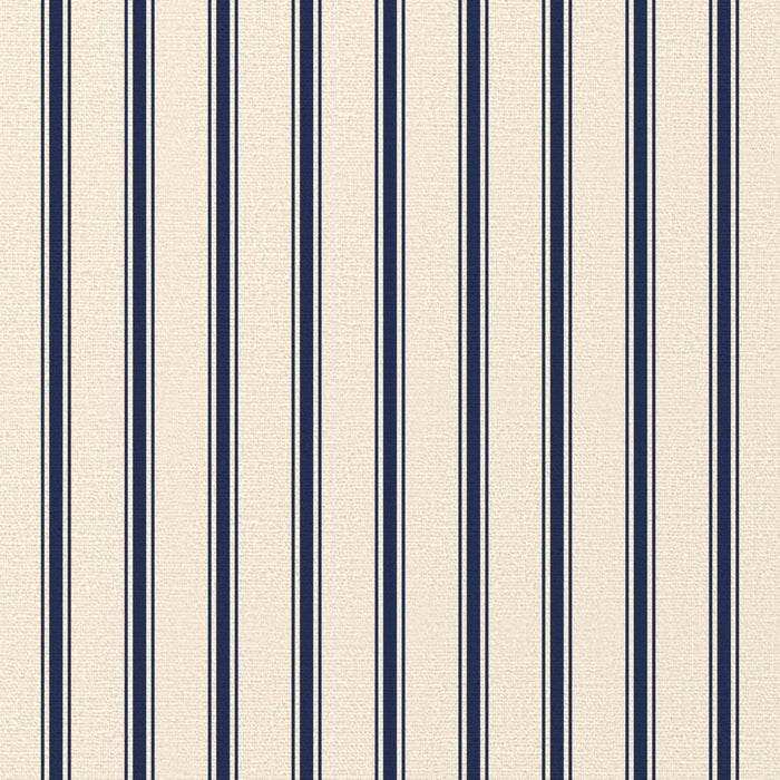 Close-up of the Ticking Stripe Christmas tablecloth print in navy on ivory cotton, showing fine ticking stripes