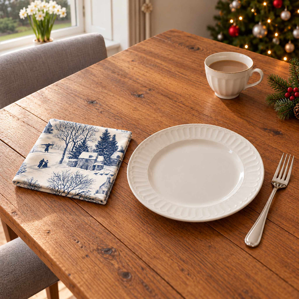 Navy on ivory Village Toile cotton napkin in a compact square fold beside a dinner plate and coffee cup on a wooden table in daylight.