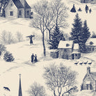 Close-up of the Village Toile Christmas napkin print in navy on ivory cotton, showing a snowy village
