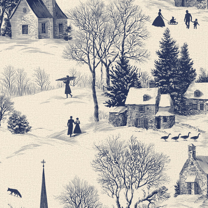 Close-up of the Village Toile Christmas napkin print in navy on ivory cotton, showing a snowy village