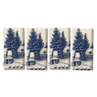 Village Toile Christmas napkins in navy on ivory, set of four, folded on white, showing the same fir tree and snowy cottage
