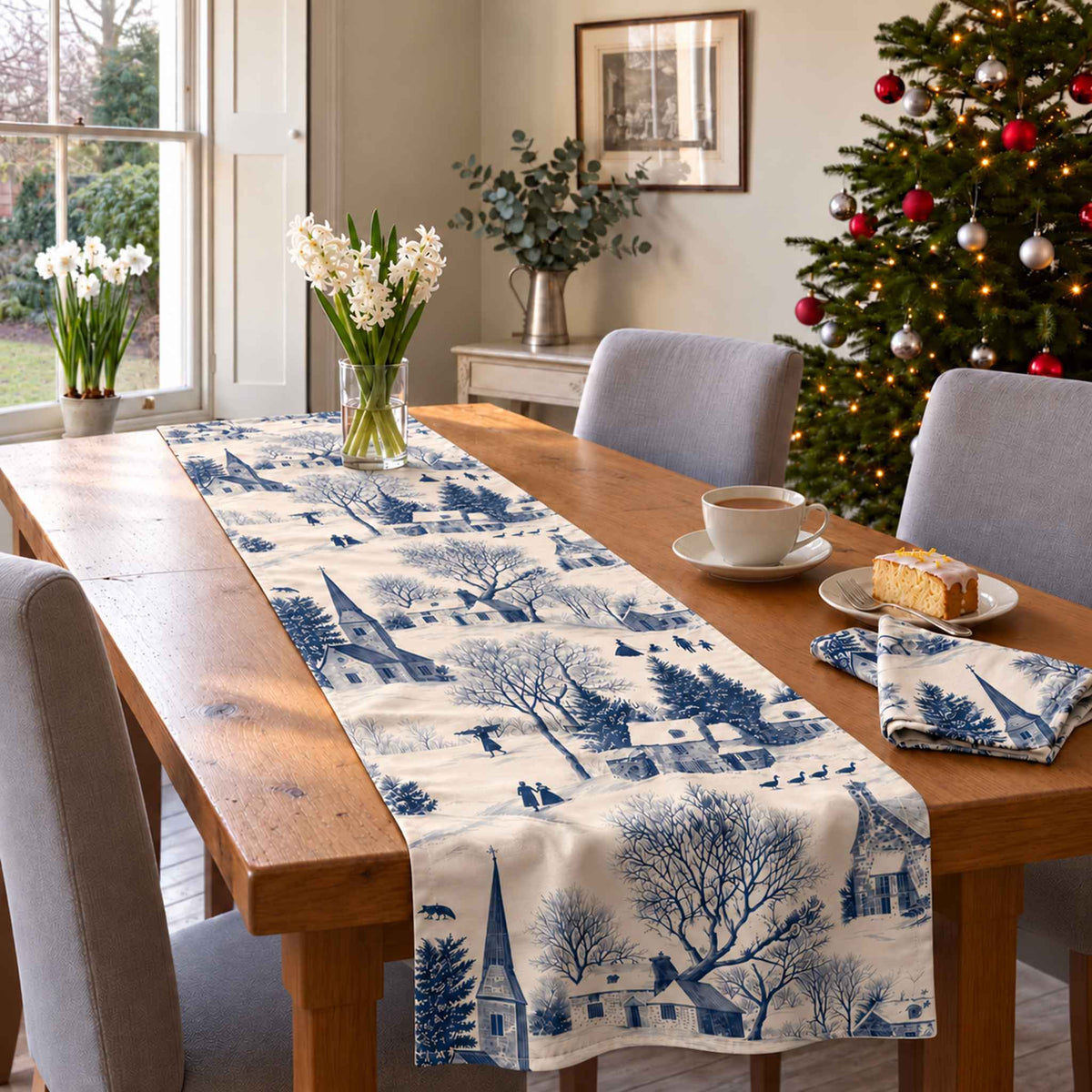 Village Toile Christmas table runner in Navy on ivory, styled on a wooden table with a softly draped end in a daylight Christmas room.