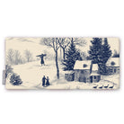 Village Toile Christmas table runner in navy on ivory, folded on white, showing villagers and cottages in the snow