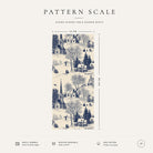 Pattern scale of the Village Toile Christmas table runner in navy on ivory across its 44 cm width, with care notes