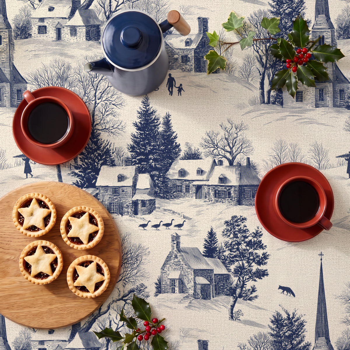 Village Toile Christmas tablecloth in navy on ivory seen from above, set for Christmas morning coffee with a navy enamel coffee pot, two rust-red cups, mince pies on an oak board and sprigs of holly and ivy