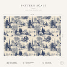 Pattern scale of the Village Toile Christmas tablecloth in navy on ivory across its 144 cm width, with care notes