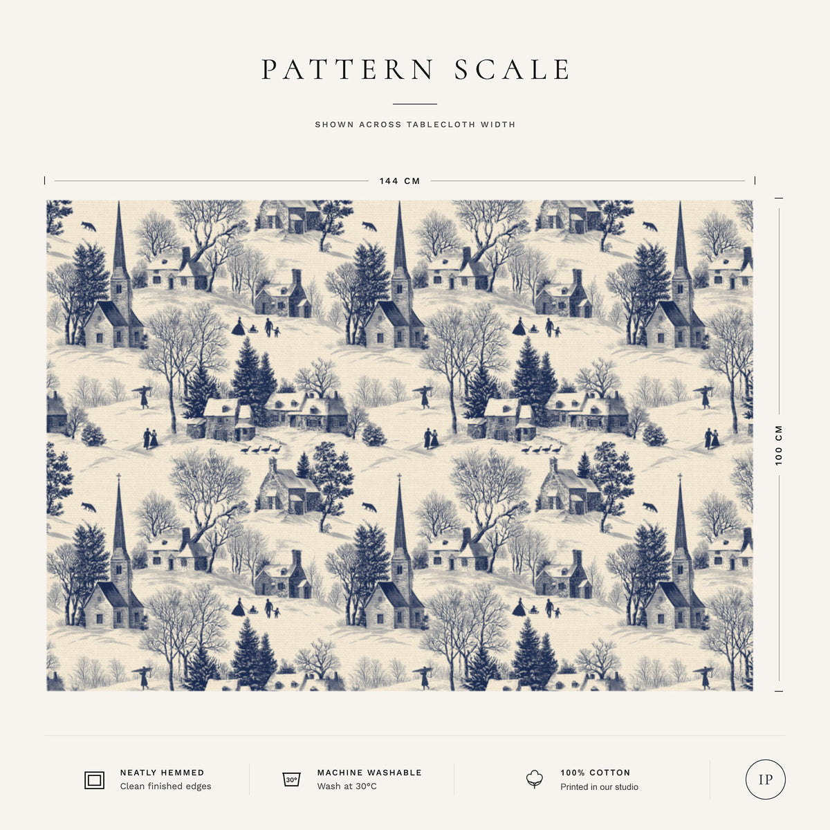 Pattern scale of the Village Toile Christmas tablecloth in navy on ivory across its 144 cm width, with care notes