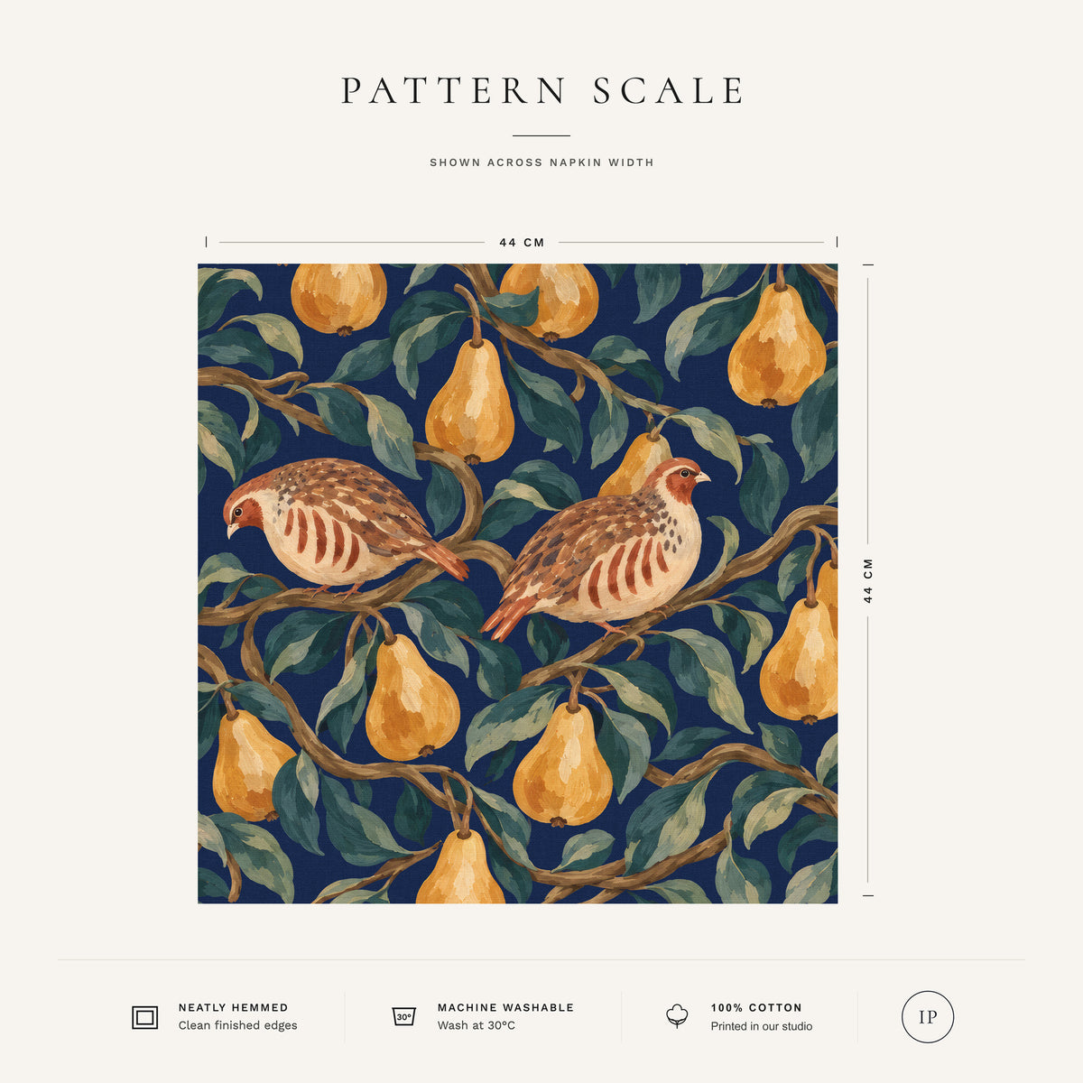 Navy Partridge and Pear Christmas napkin pattern scale, showing the full 44 cm by 44 cm design.