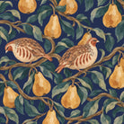 Close-up of the navy Partridge and Pear Christmas napkin print on cotton, showing partridges among pears and leaves
